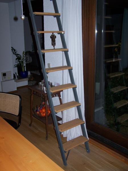 Stufen-Anlegeleiter mit Holzstufen und rechteckigen Stahl-Holmen
